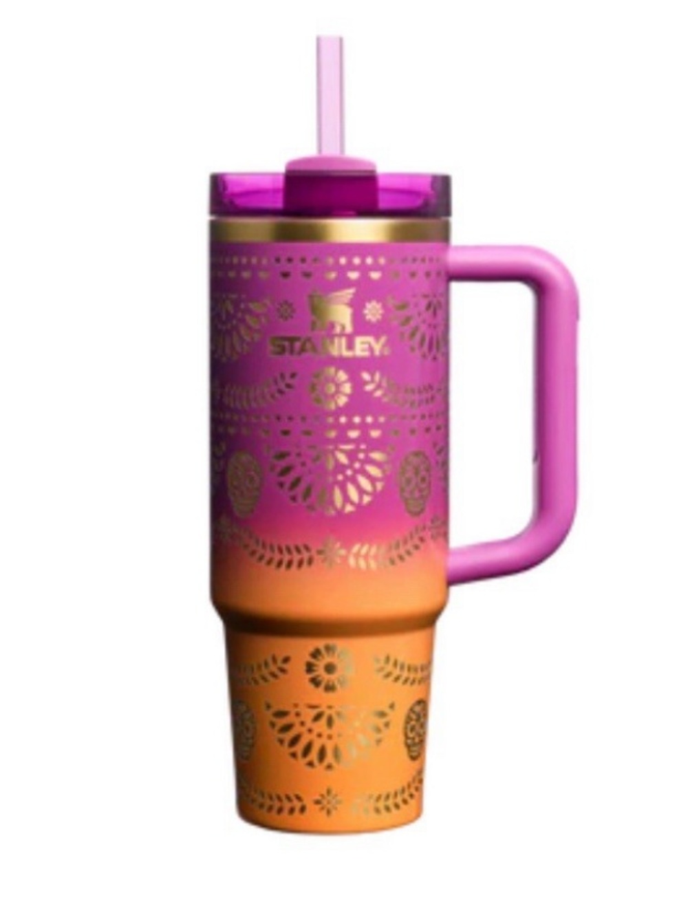 Stanley Dia de Los muertos day of the dead yellow pink Travel Mug Handle - Picture 2 of 4